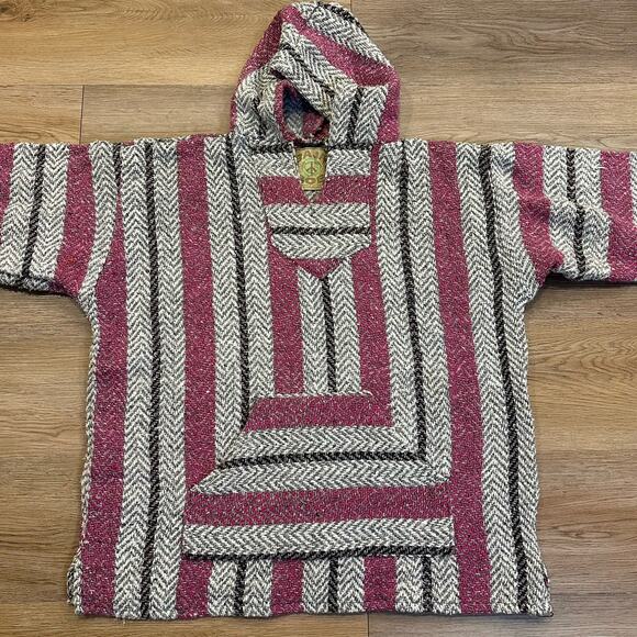 Vintage 90s Baja Joe Men’s Med Crandberry Mexican Baja Hoodie Drug Rug Pancho - Picture 10 of 12